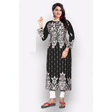 Black georgette printed round neck kurti with 3/4 sleeves, intricate pattern design