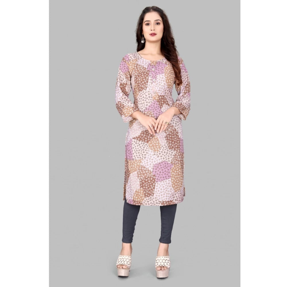 Brown rayon printed round neck kurti with 3/4 sleeves