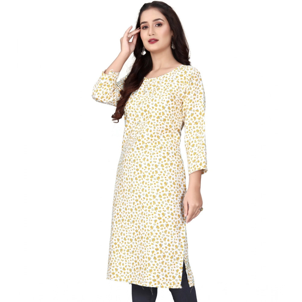 White rayon printed round neck 3/4 sleeve kurti with intricate patterns, ideal for women's fashion