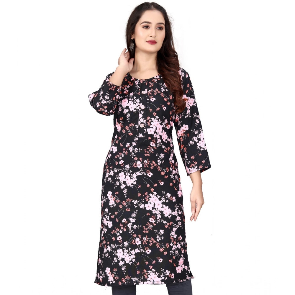 Black rayon printed round neck kurti with 3/4 sleeves
