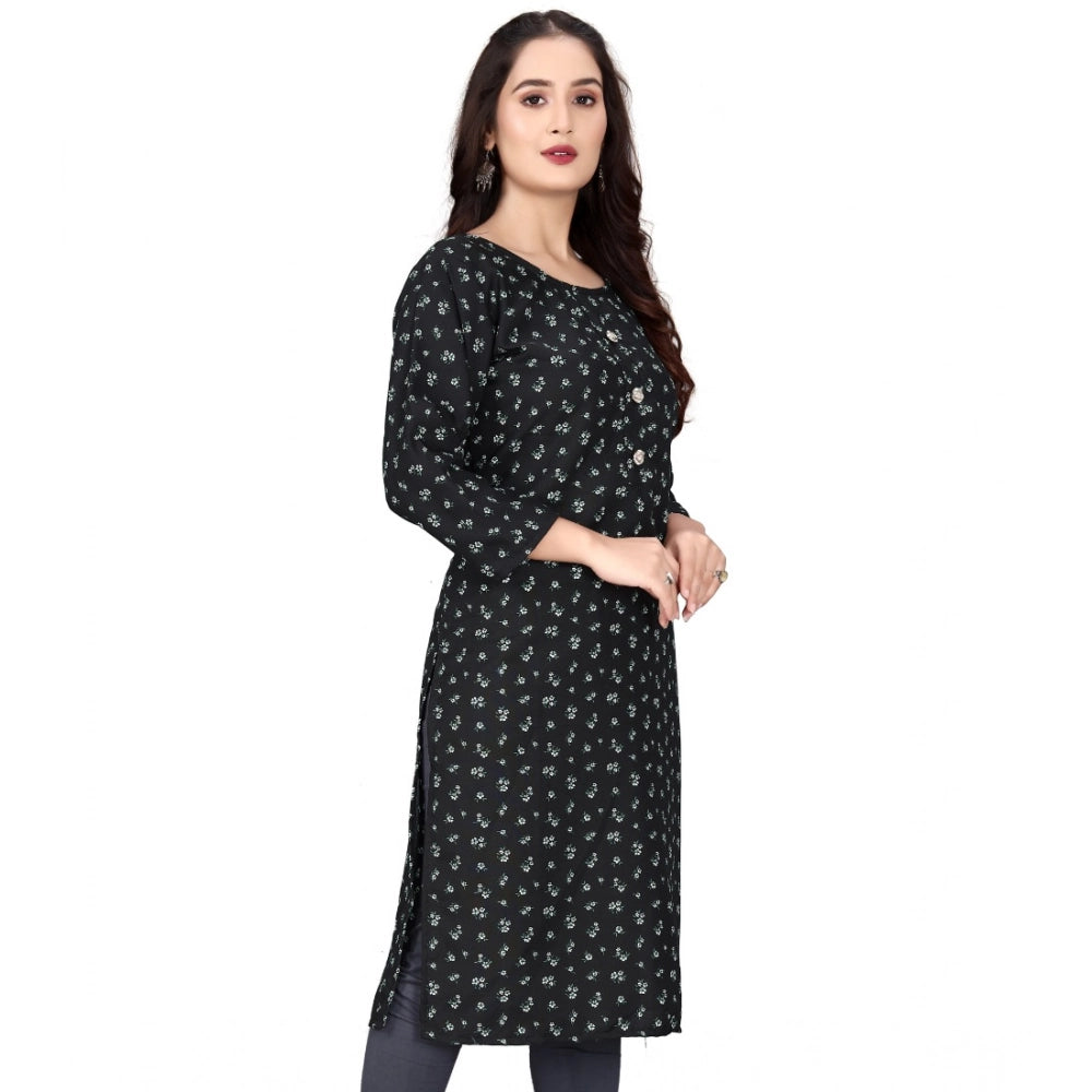 Black rayon printed round neck kurti with 3-4th sleeves
