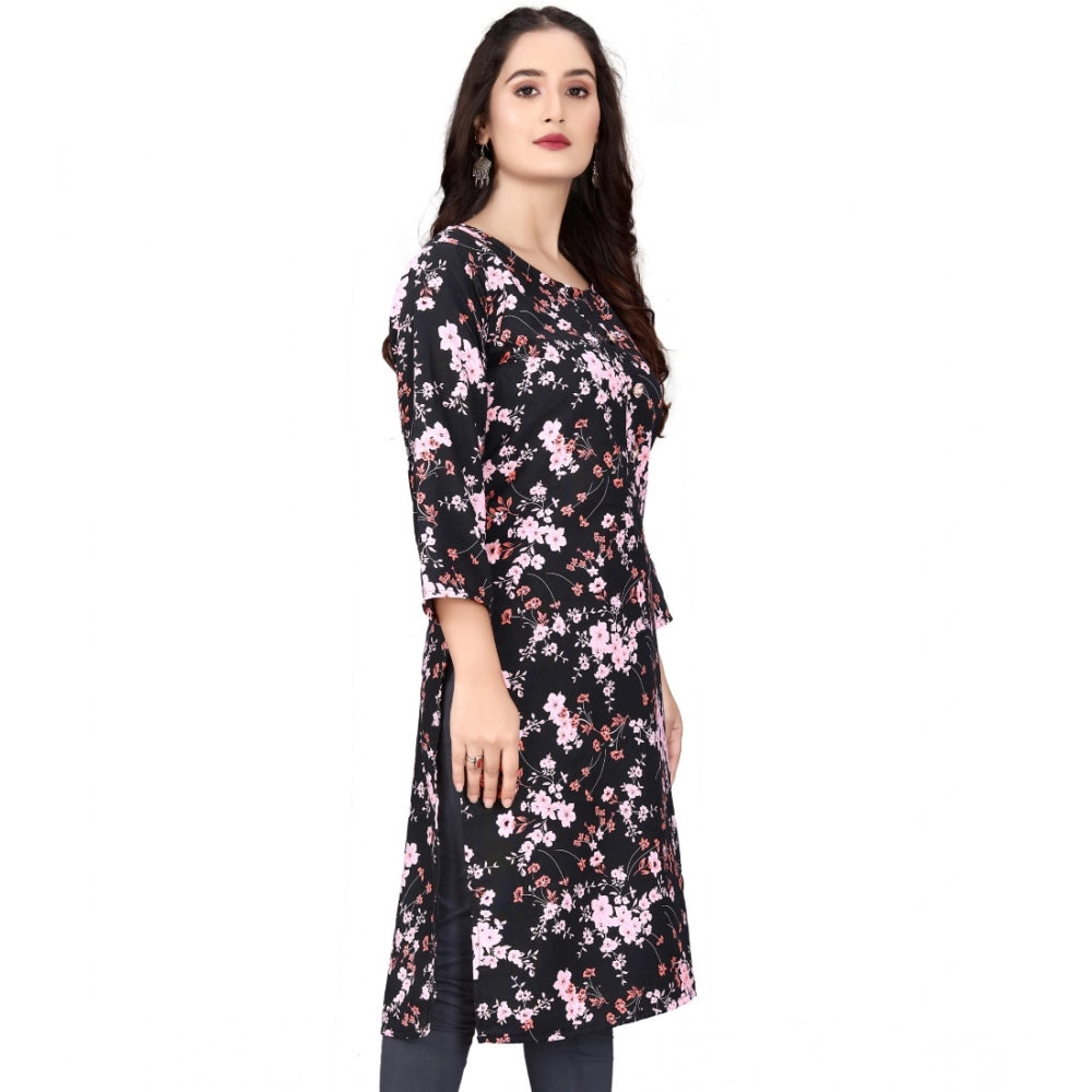 Black rayon printed round neck kurti with 3/4 sleeves