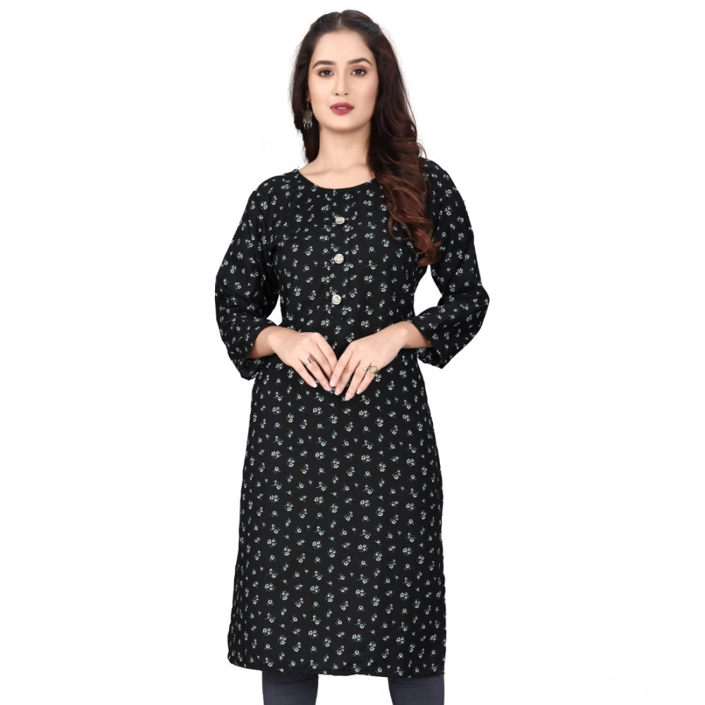 Black rayon printed round neck kurti with 3/4 sleeves