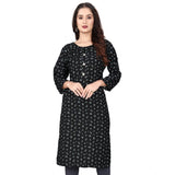 Black rayon printed round neck kurti with 3/4 sleeves