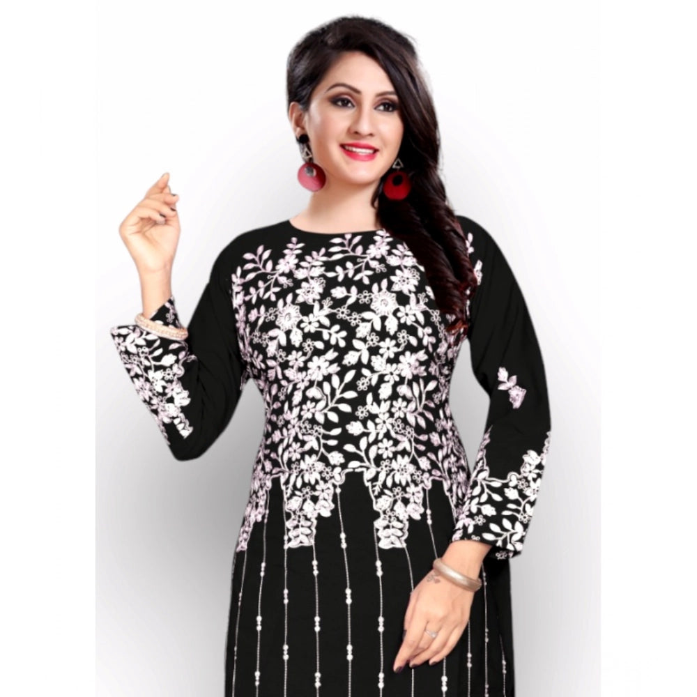Black georgette printed round neck kurti with 3/4 sleeves