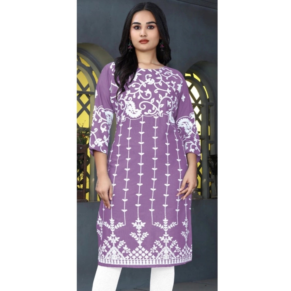 Lavender rayon printed round neck kurti with 3/4 sleeves, vibrant design on display