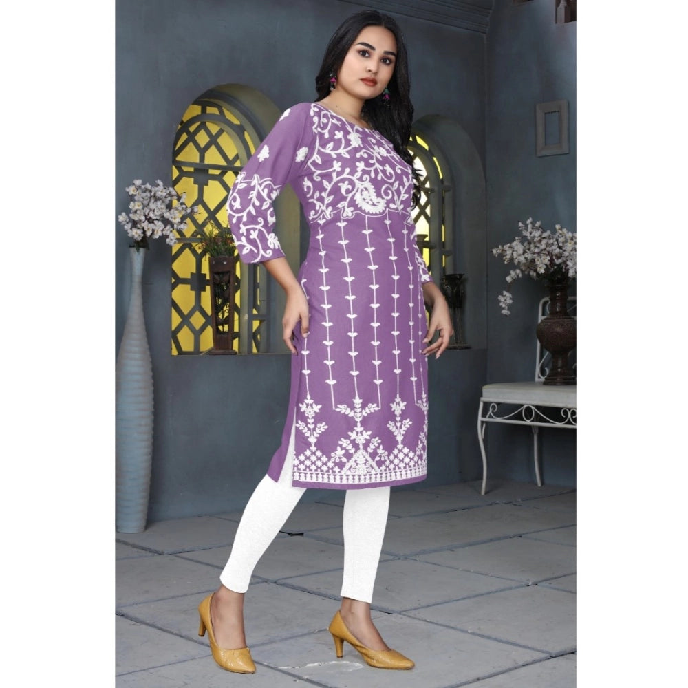 Lavender rayon printed round neck 3/4 sleeve kurti for women, vibrant floral pattern