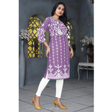 Lavender rayon printed round neck 3/4 sleeve kurti for women, vibrant floral pattern