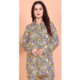 Green rayon printed mandarin collar full sleeve coord set women's fashion