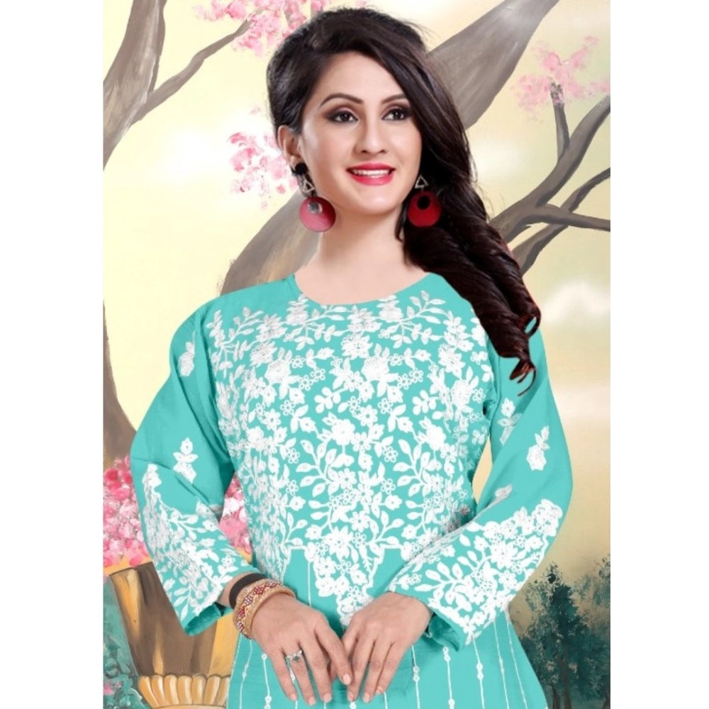 Sky Georgette printed round neck 3/4 sleeve kurti, women's fashionable ethnic wear for parties
