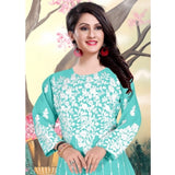 Sky Georgette printed round neck 3/4 sleeve kurti, women's fashionable ethnic wear for parties