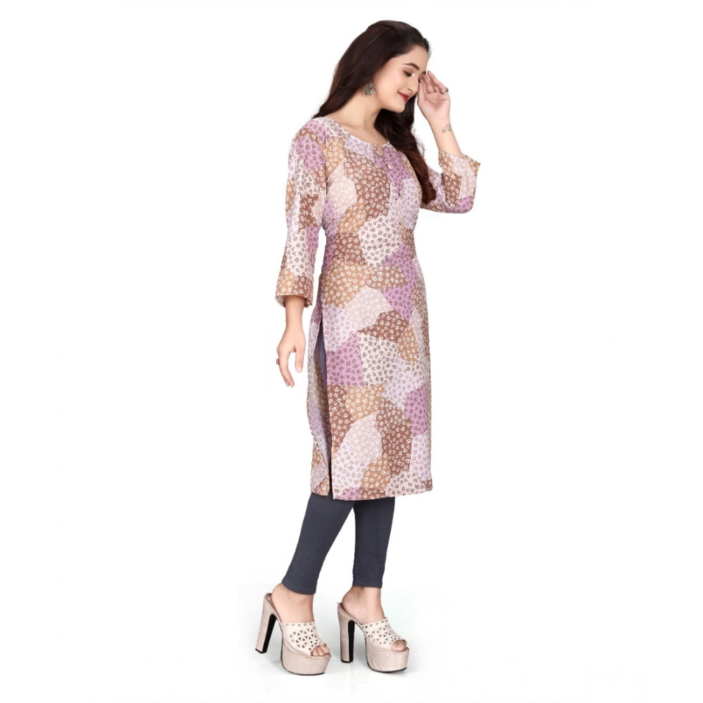 Brown rayon printed round neck kurti with 3/4 sleeves