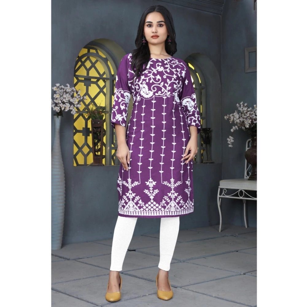 Purple rayon printed round neck 3/4 sleeve kurti for women, vibrant ethnic attire with intricate designs