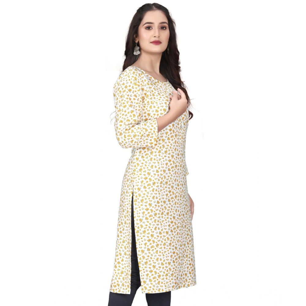 White rayon printed kurti with round neck and 3/4 sleeves