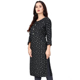 Black rayon printed round neck kurti with 3/4 sleeves