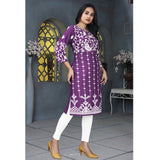 Purple rayon printed round neck kurti with 3/4 sleeves, vibrant fashion for women