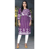 Purple rayon printed round neck kurti with 3/4 sleeves