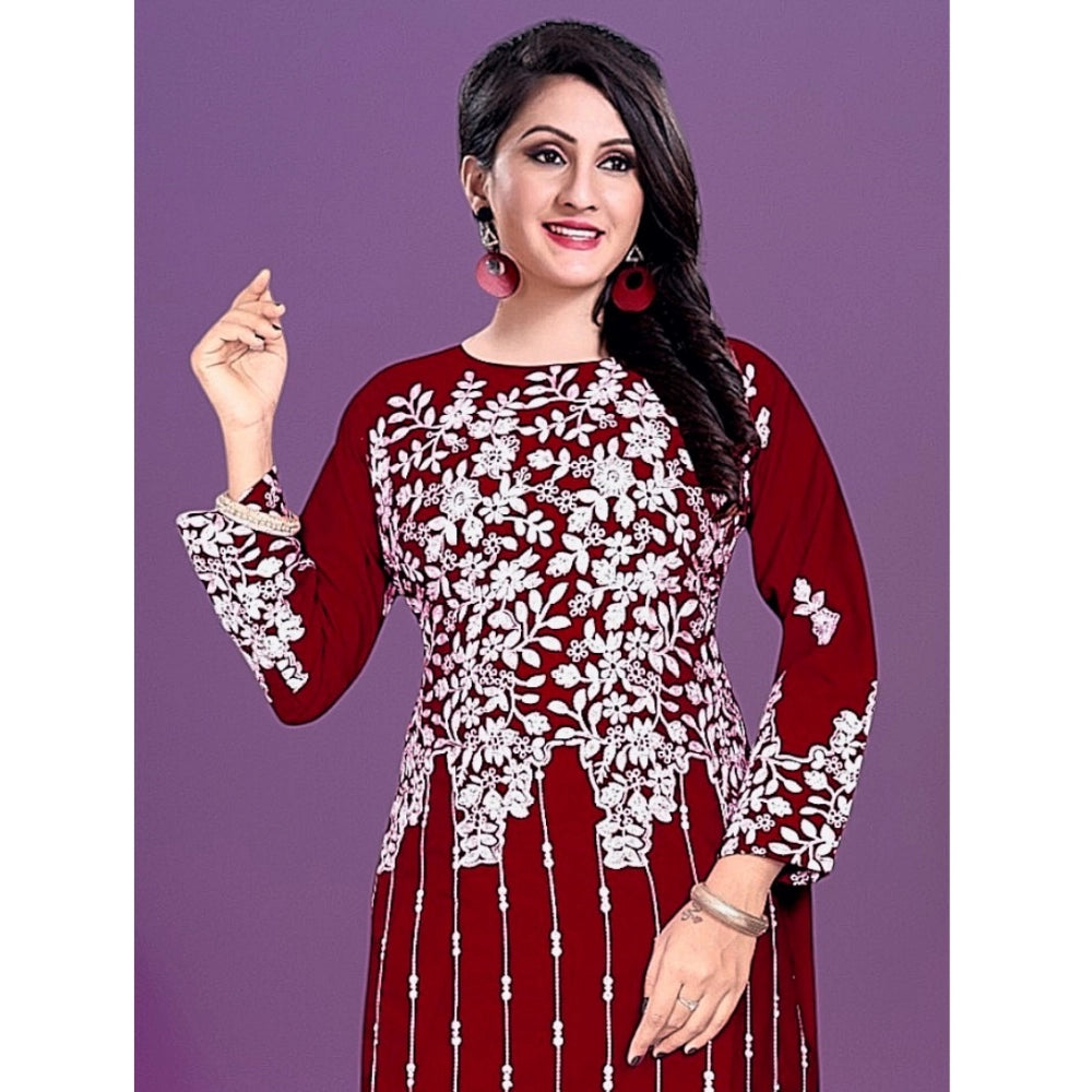 Maroon rayon printed round neck kurti with 3/4 sleeves