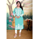 Sky Georgette printed round neck 3/4 sleeve kurti, elegant women's fashion for formal events