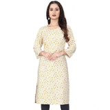 White rayon printed round neck kurti with 3/4 sleeves, vibrant pattern detail