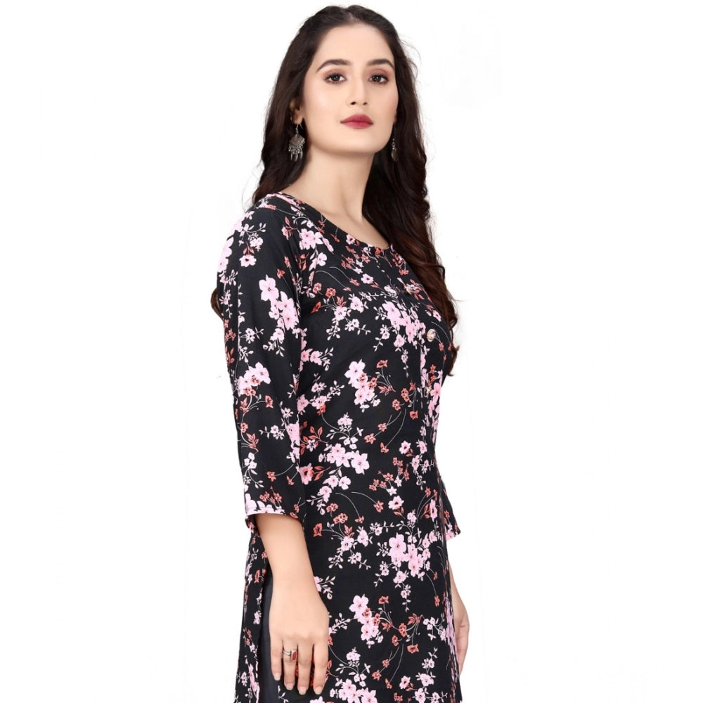 Black rayon printed round neck 3/4 sleeves kurti, vibrant pattern detail on fashionable women's wear