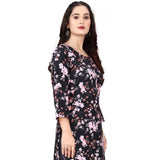 Black rayon printed round neck 3/4 sleeves kurti, vibrant pattern detail on fashionable women's wear