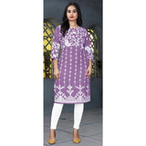 Lavender rayon printed round neck 3/4 sleeve kurti for women