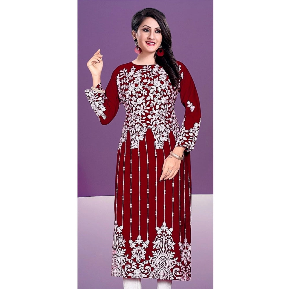 Maroon rayon printed round neck 3/4 sleeve kurti for women, vibrant ethnic fashion