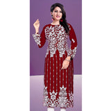 Maroon rayon printed round neck 3/4 sleeve kurti for women, vibrant ethnic fashion