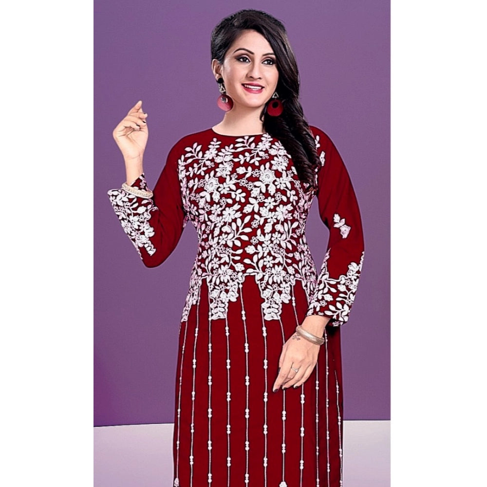 Maroon rayon printed round neck 3/4 sleeve kurti for women - vibrant pattern on a casual garment
