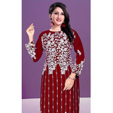 Maroon rayon printed round neck 3/4 sleeve kurti for women - vibrant pattern on a casual garment