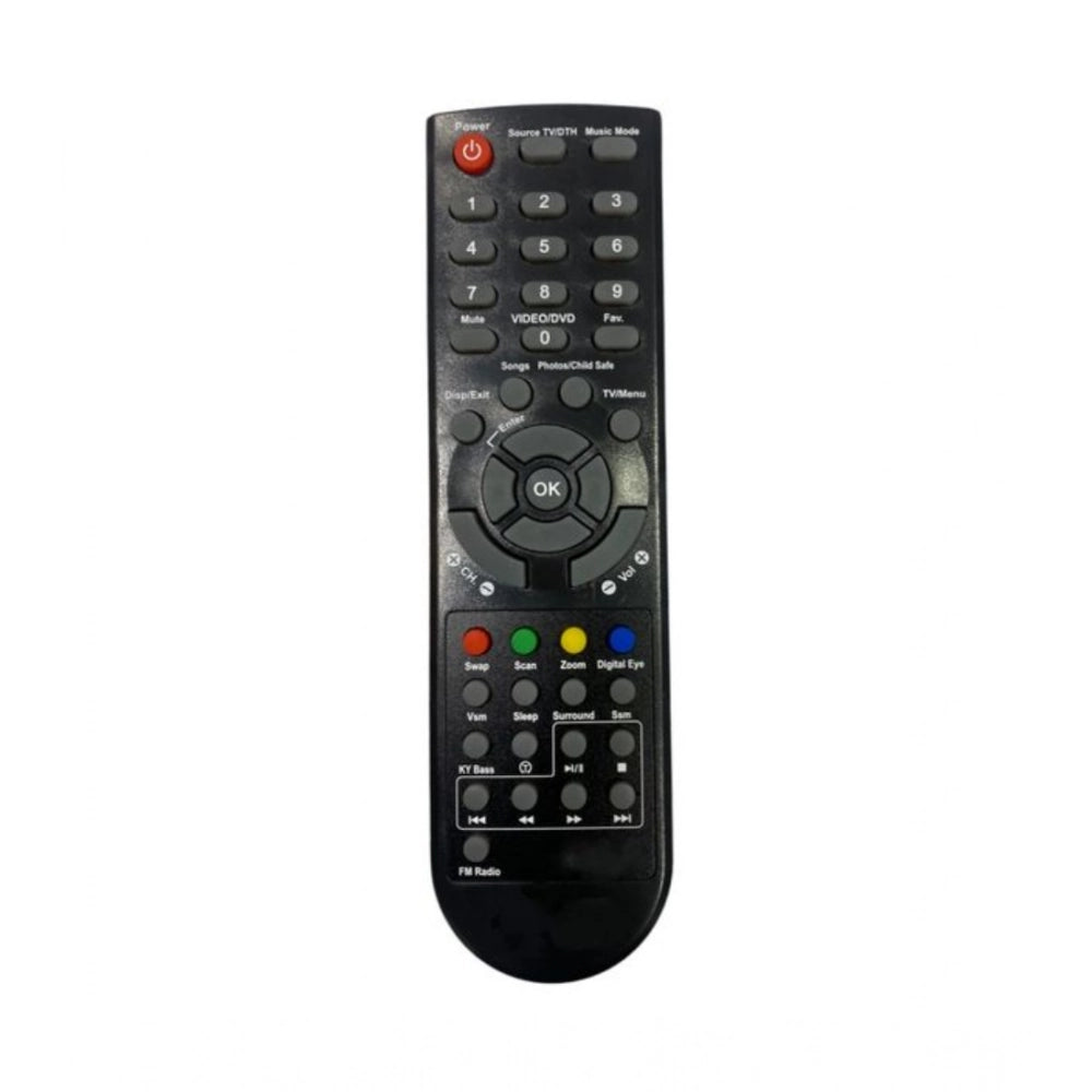 Black ergonomic remote control, compatible with Onida LCD-LED TV, facilitates long-distance use from sofa or bed
