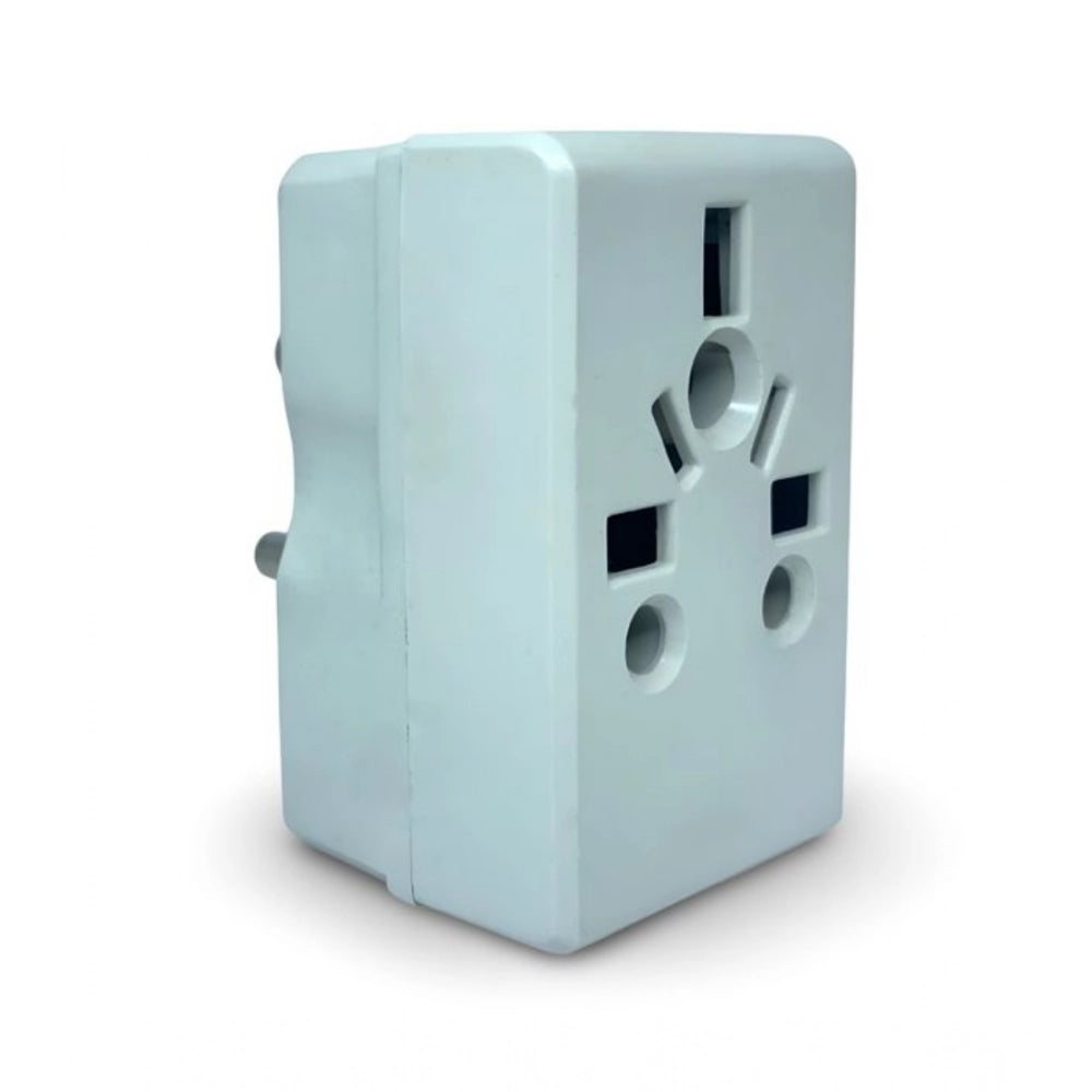 White 3-in-1 universal travel plug adapter with surge protector.
