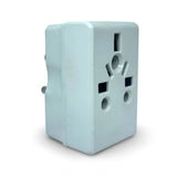 White 3-in-1 universal travel plug adapter with surge protector.