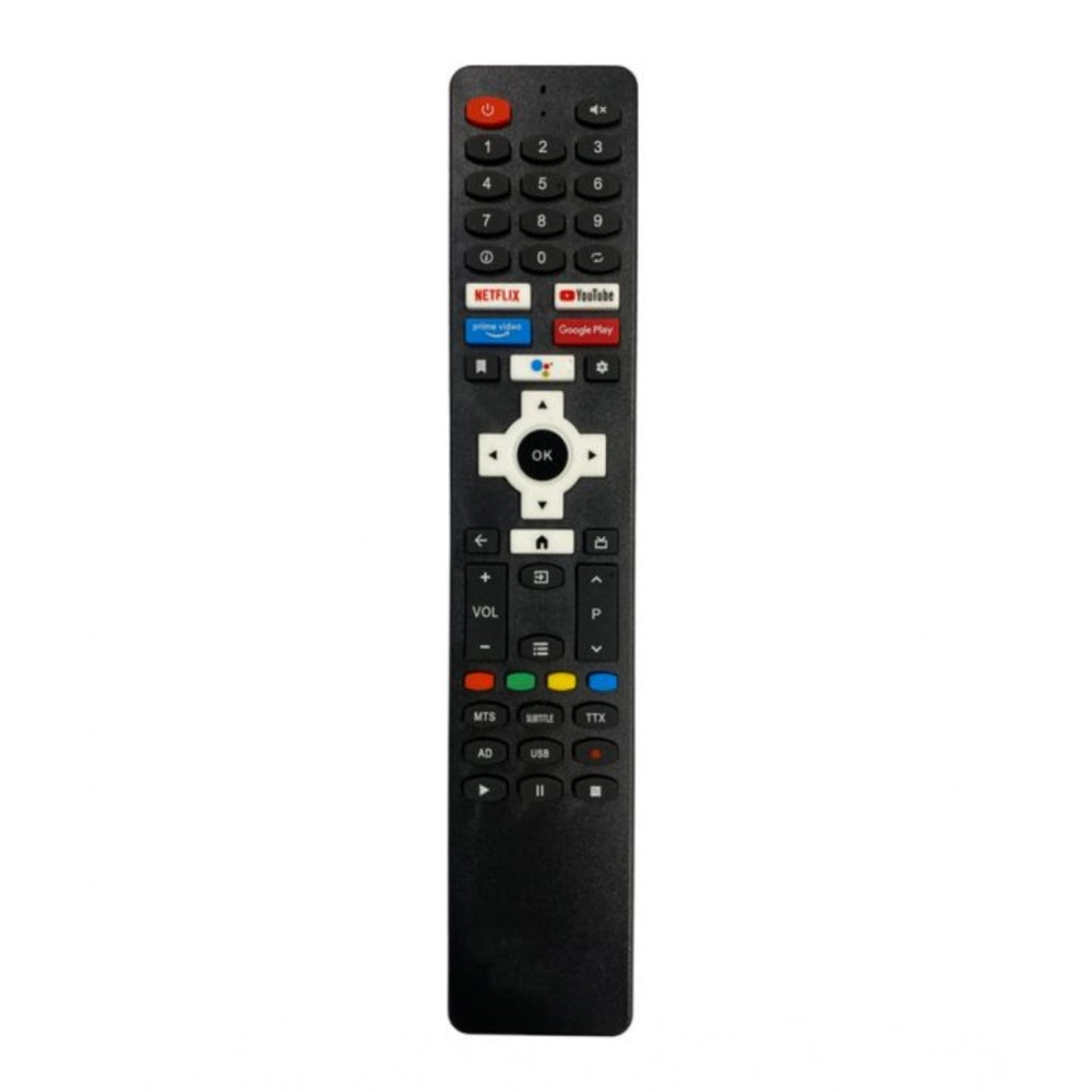 Black ergonomic remote control, compatible with Sansui Smart TV LCD-LED, facilitates Netflix, Prime, YouTube functionality from any room corner