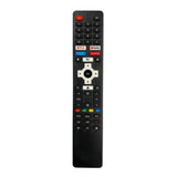 Black ergonomic remote control, compatible with Sansui Smart TV LCD-LED, facilitates Netflix, Prime, YouTube functionality from any room corner