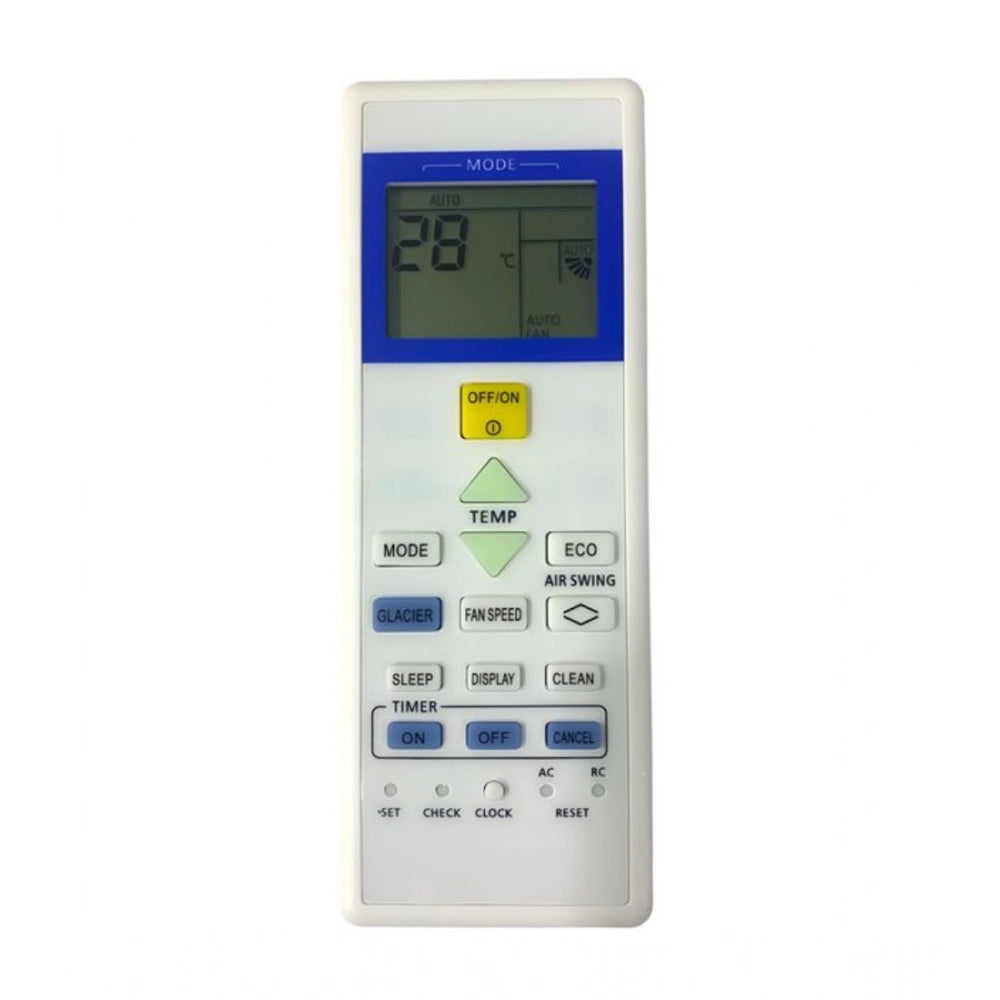 White ergonomic AC remote control replacement for Sanyo model 157D, long-range operation from couch or bed