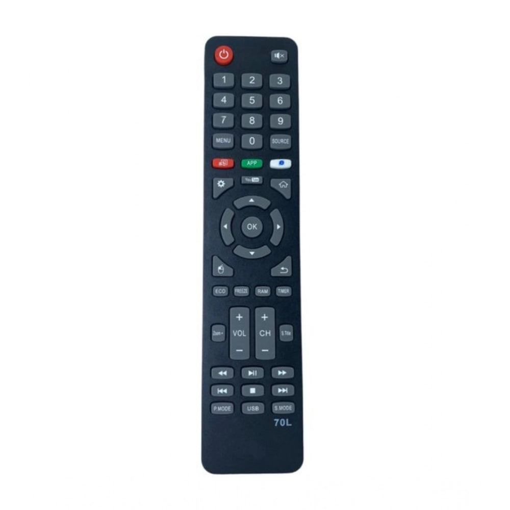 Black ergonomic remote control (No. 1092), compatible with Akai Smart TV LCD-LED, features YouTube functions for smart TV operation from sofa or bed, offering long-distance range and lightweight design