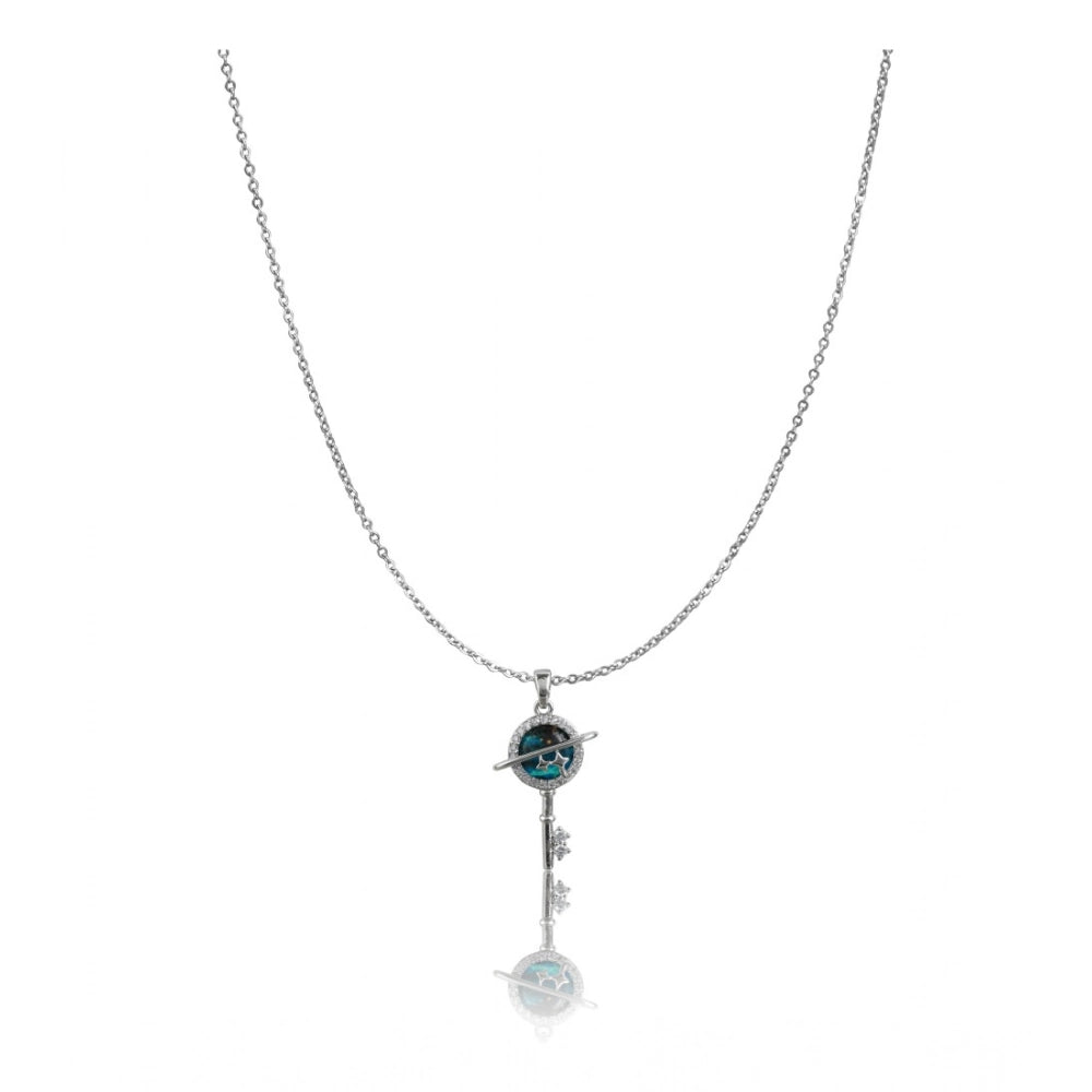 Silver plated stainless steel delicate key design chain for women, close-up view on black background