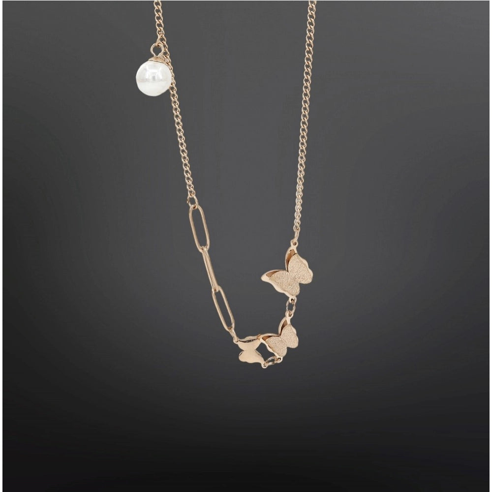 Gold-plated stainless steel butterfly pendant on delicate chain, close-up view