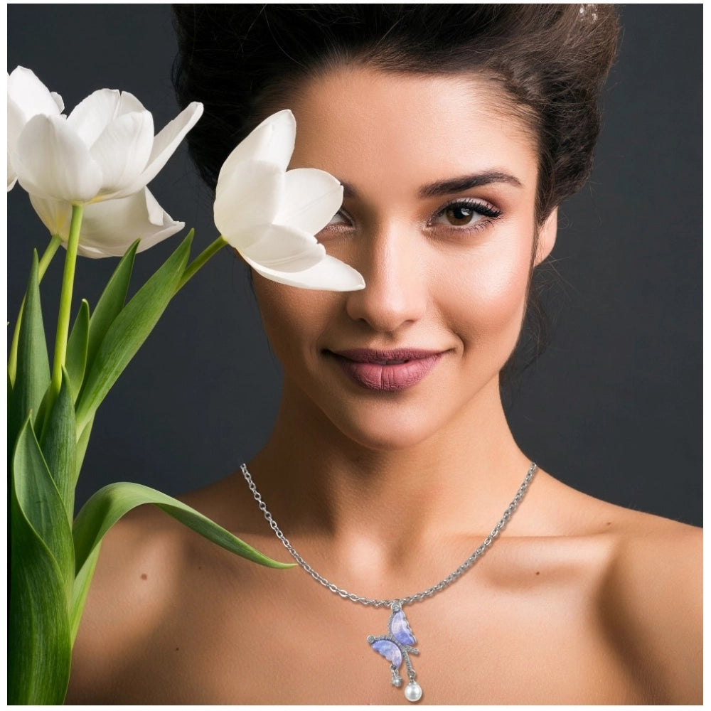 Silver-plated stainless steel butterfly dailywear pendant on delicate chain for women, close-up view