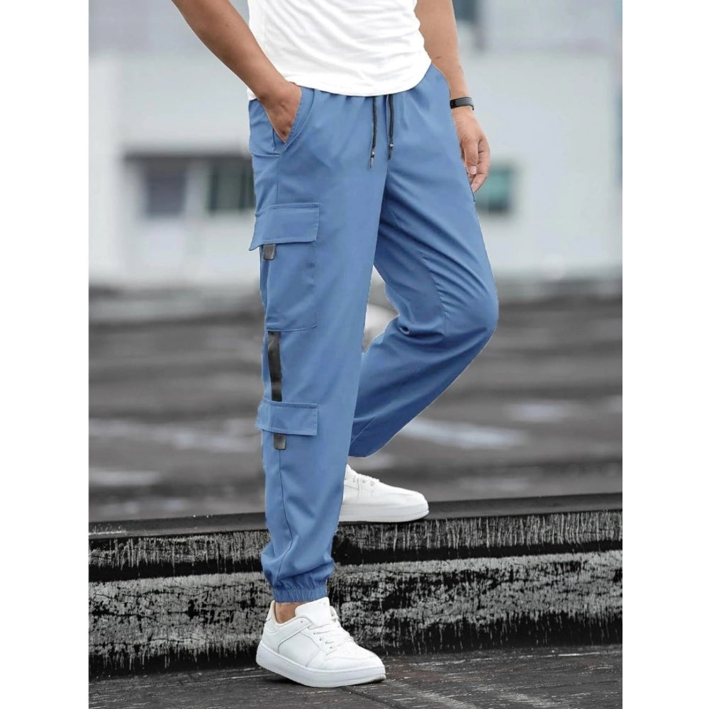 Nevy Blue cotton-blend casual cargo pants for men, solid style pull-on design
