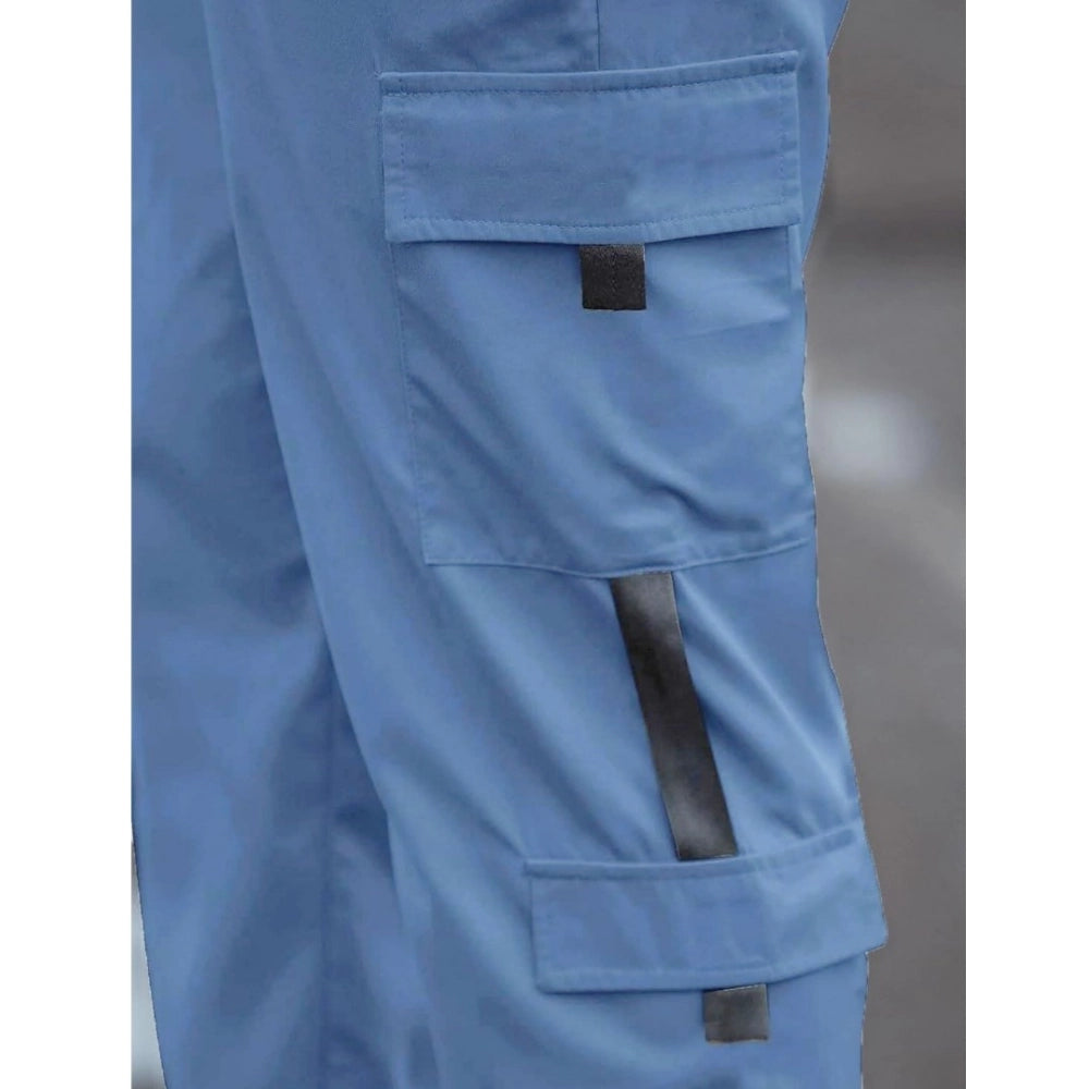 Nevy Blue cotton-blend men's casual cargo pants - solid style, pull-on closure