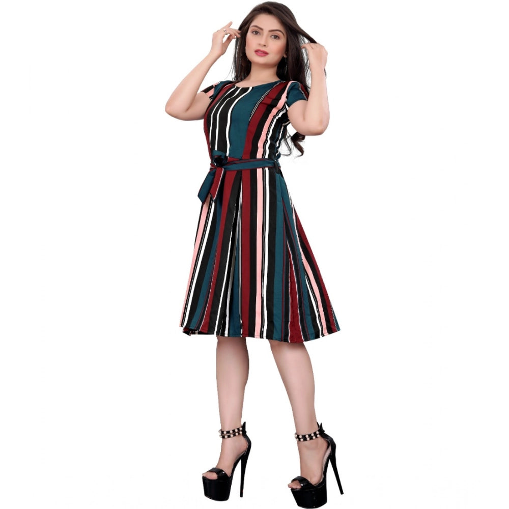Red-Blue striped crepe women's short sleeve knee-length dress, round neck design
