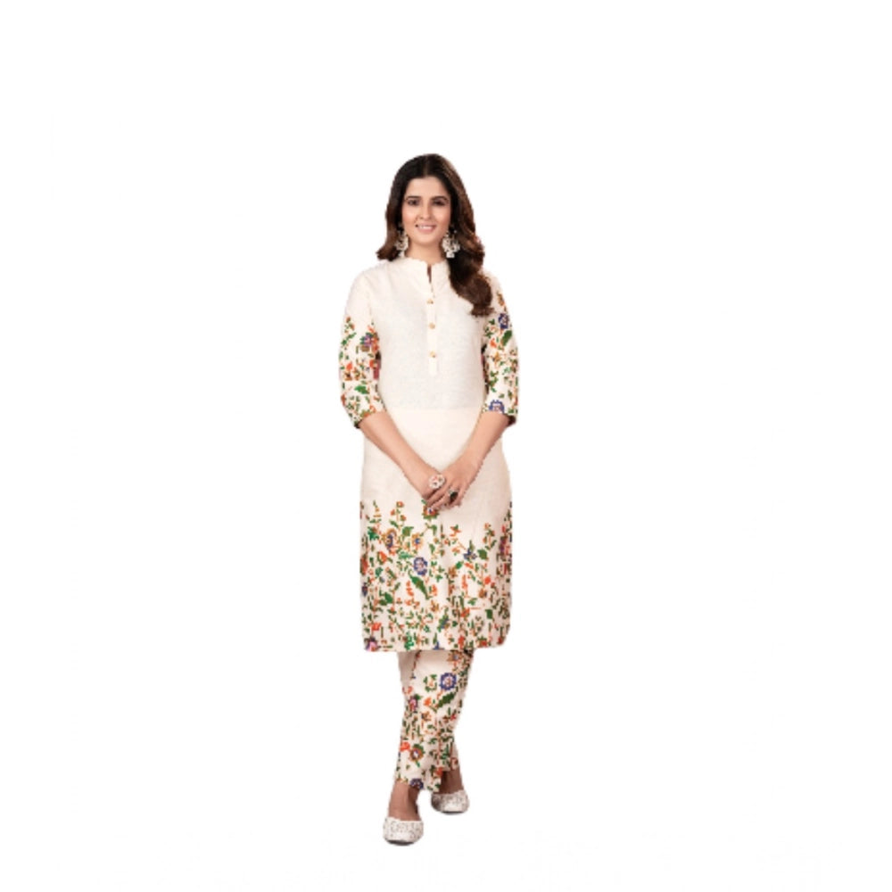 Cream cotton printed 3/4th sleeve kurti with pant, women's traditional Indian clothing accessory