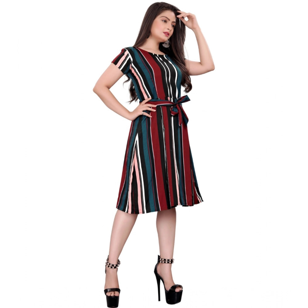 Red-blue crepe striped short sleeve dress for women, round neck, knee length