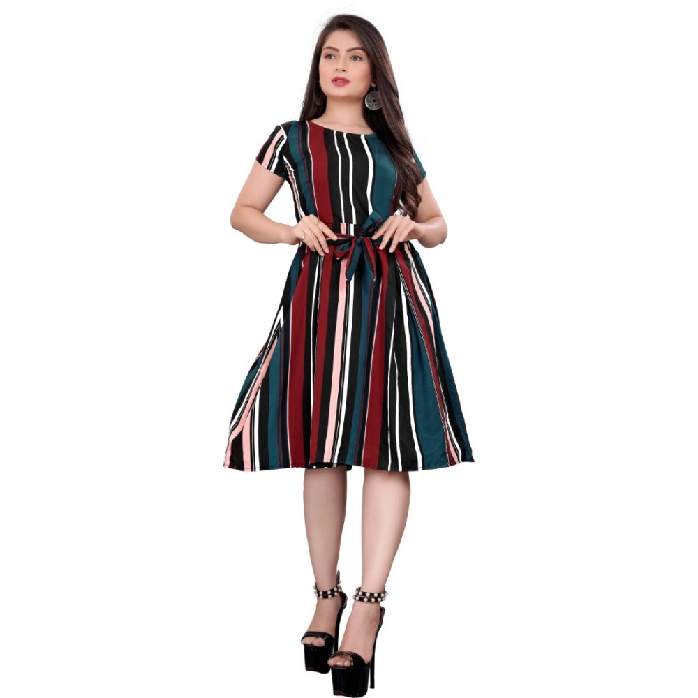 Red-Blue crepe striped short sleeve dress for women, round neck, knee length