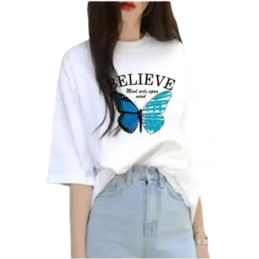Women's white round neck short sleeve t-shirt with butterfly design