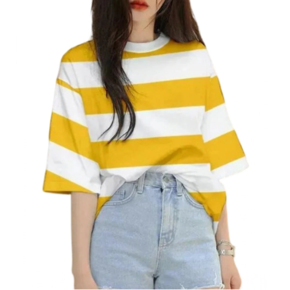 White and yellow striped short sleeve round neck t-shirt