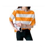 Women's white and orange striped short sleeve round neck t-shirt